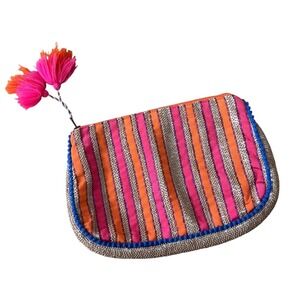 Anthropologie Jasper & Jeera Beaded Cosmetic Bag Vibrant Pinkk Orange‎ w Tassel